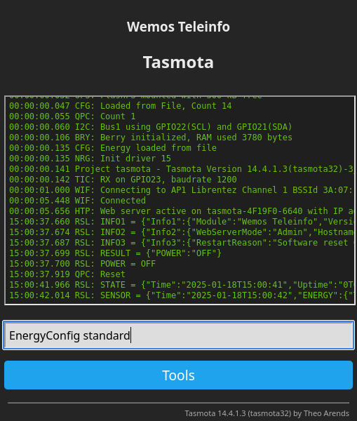 Tasmota Console EnergyConfig